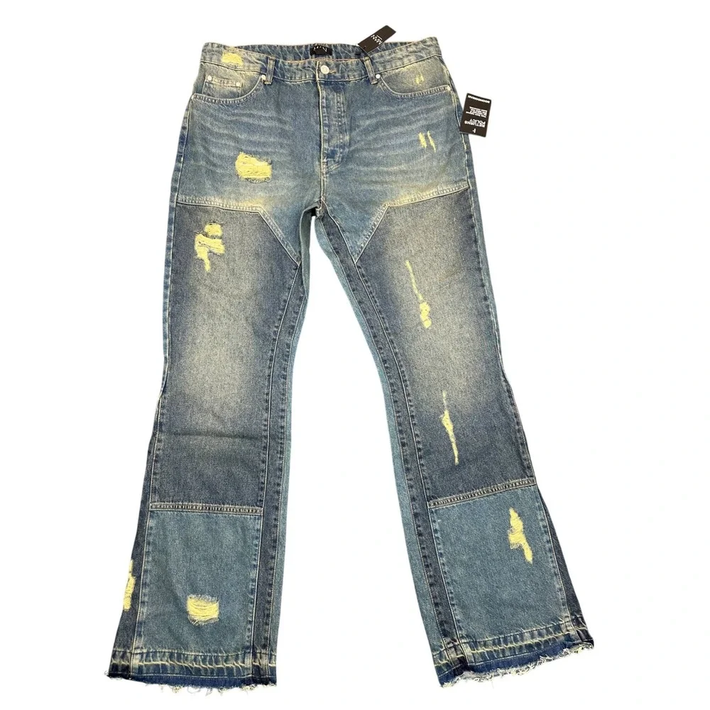 boohooMAN 38 Tall Slim Rigid Flared Distressed Carpenter Jeans Mid Wash Blue